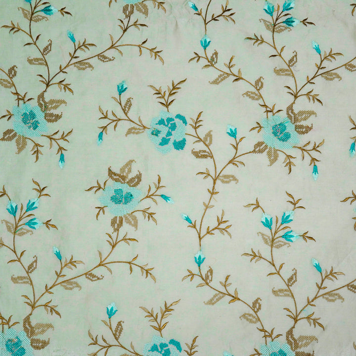 Aarnavi Jaal on Sage Green Silk Chanderi Embroidered Fabric