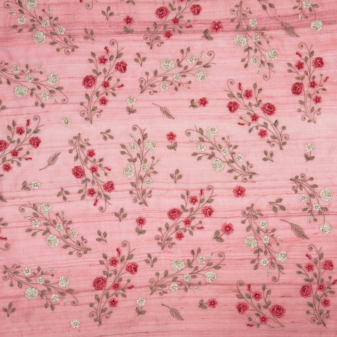 Meenal Jaal On Onion Pink Tussar Silk Embroidered Fabric