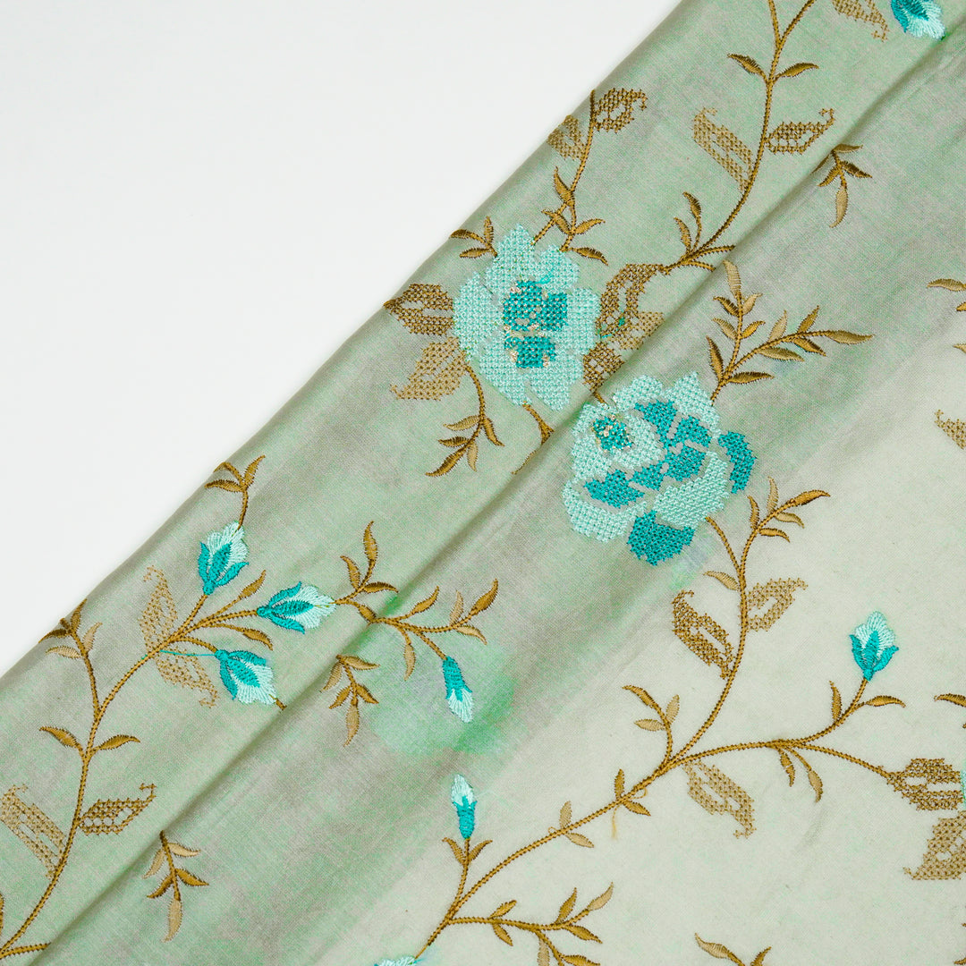 Aarnavi Jaal on Sage Green Silk Chanderi Embroidered Fabric