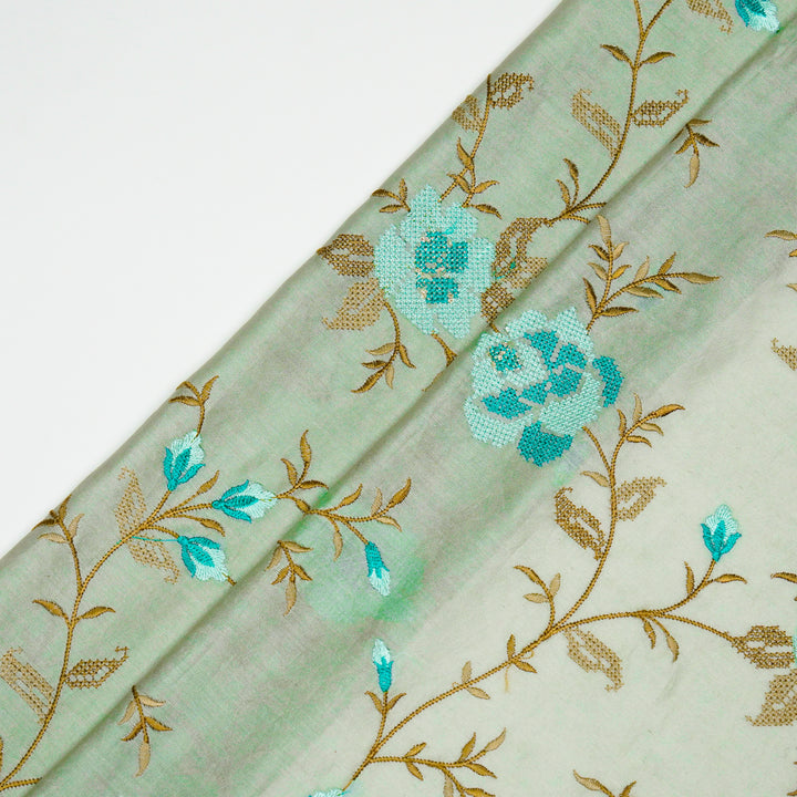 Aarnavi Jaal on Sage Green Silk Chanderi Embroidered Fabric