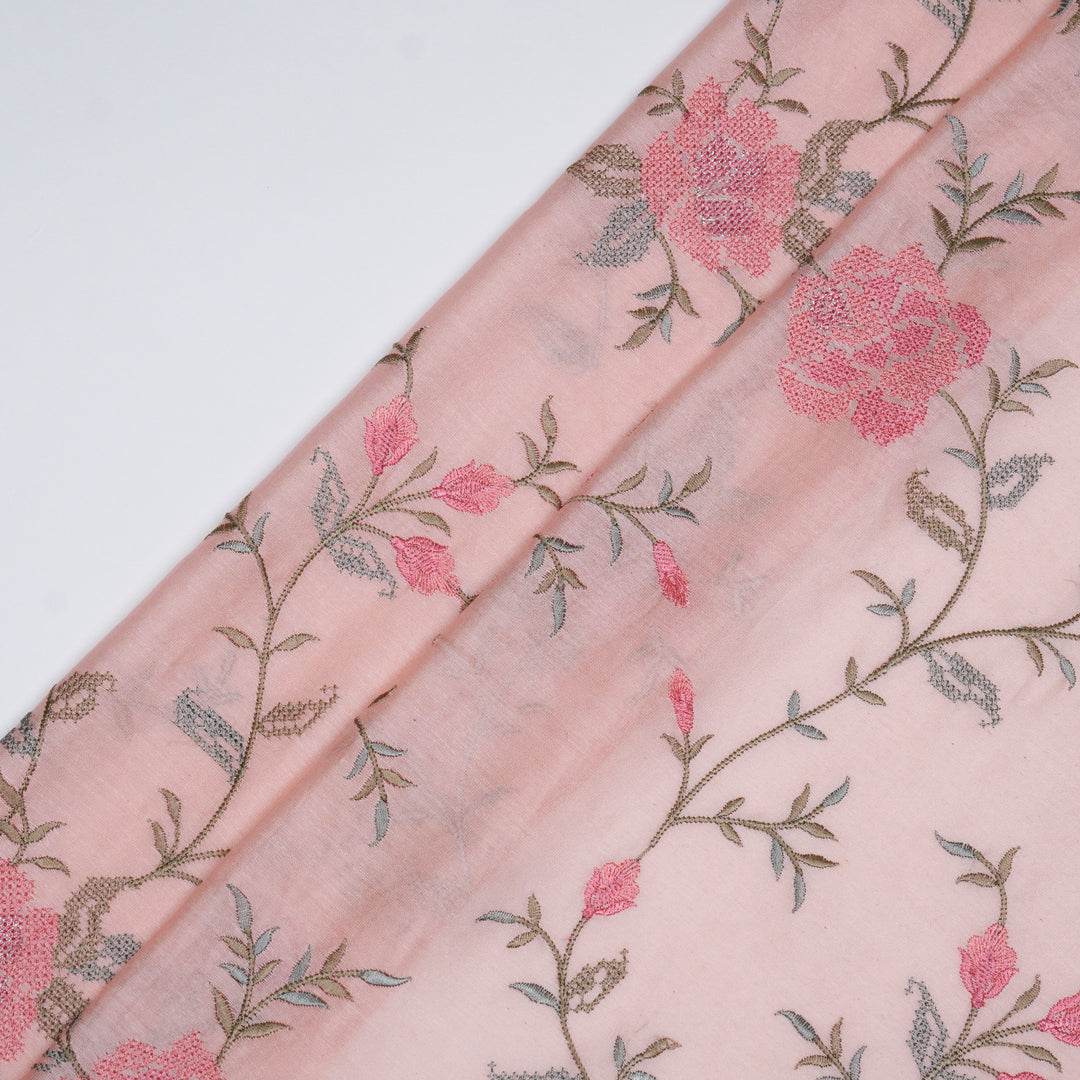 Aarnavi Jaal on Light Peach Silk Chanderi Embroidered Fabric