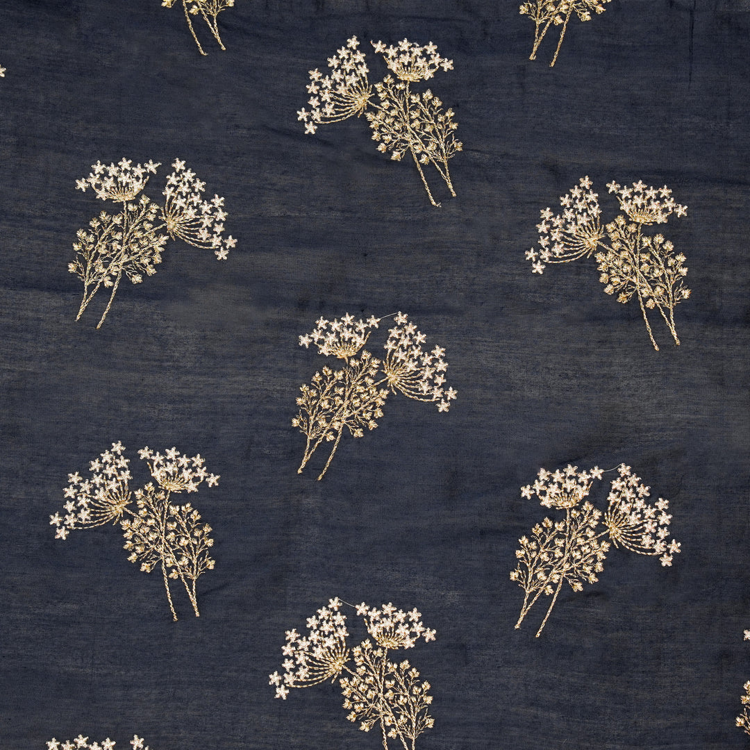 Baheera Buta on Navy Blue Silk Chanderi Embroidered Fabric