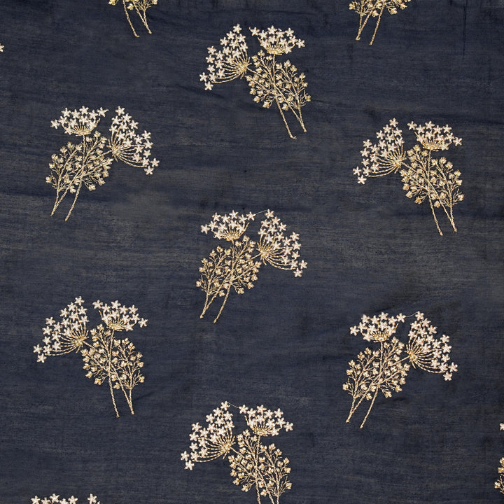 Baheera Buta on Navy Blue Silk Chanderi Embroidered Fabric