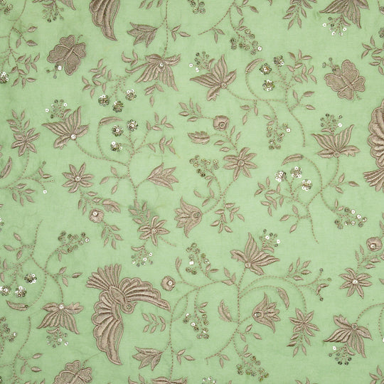 Naila Bird Jaal on Pista Green Luxe Silk Chanderi Embroidered Fabric