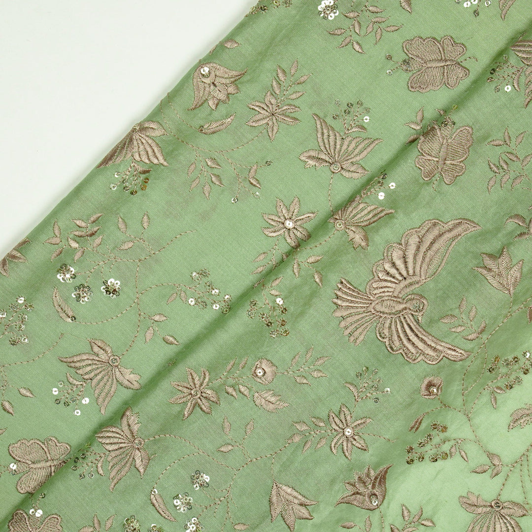 Naila Bird Jaal on Pista Green Luxe Silk Chanderi Embroidered Fabric