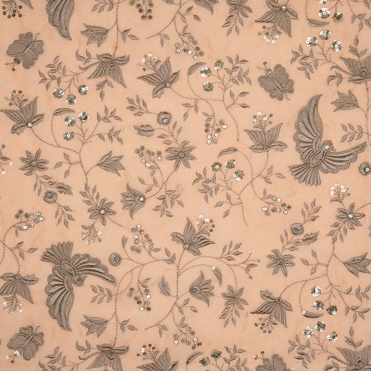 Naila Bird Jaal on Peach Luxe Silk Chanderi Embroidered Fabric