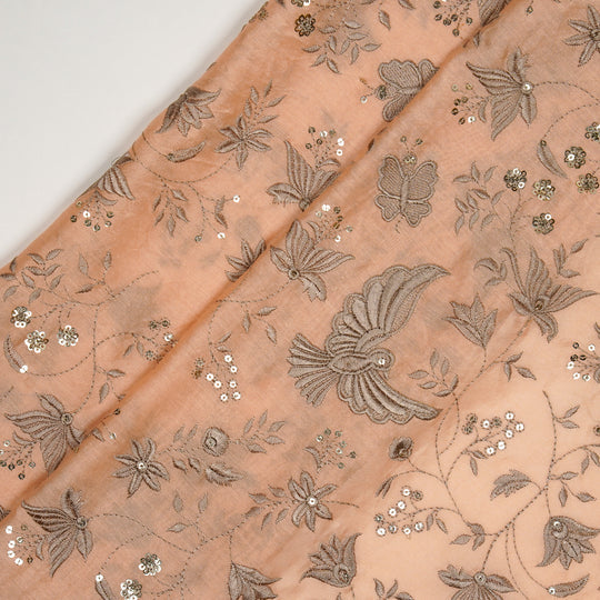 Naila Bird Jaal on Peach Luxe Silk Chanderi Embroidered Fabric