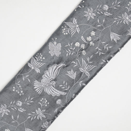 Naila Bird Jaal on Silver Grey Luxe Silk Chanderi Embroidered Fabric