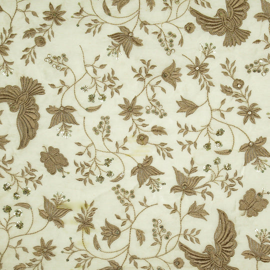 Naila Bird Jaal on Ivory Luxe Silk Chanderi Embroidered Fabric