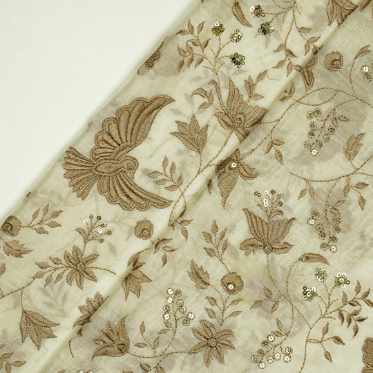 Naila Bird Jaal on Ivory Luxe Silk Chanderi Embroidered Fabric