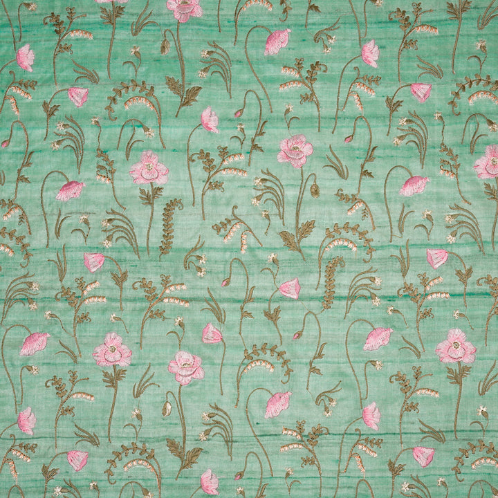 Diva Jaal on Light Teal Tussar Silk Embroidered Fabric