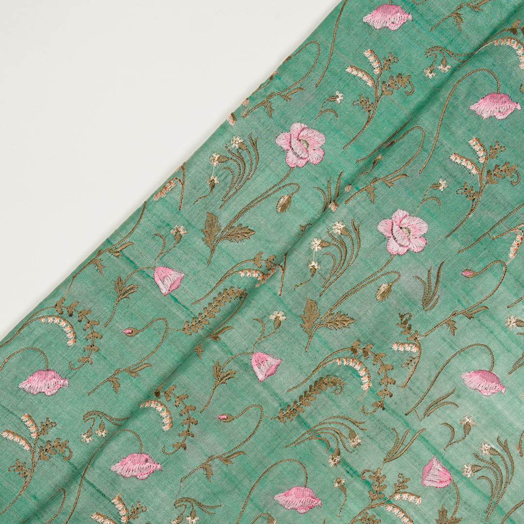 Diva Jaal on Light Teal Tussar Silk Embroidered Fabric