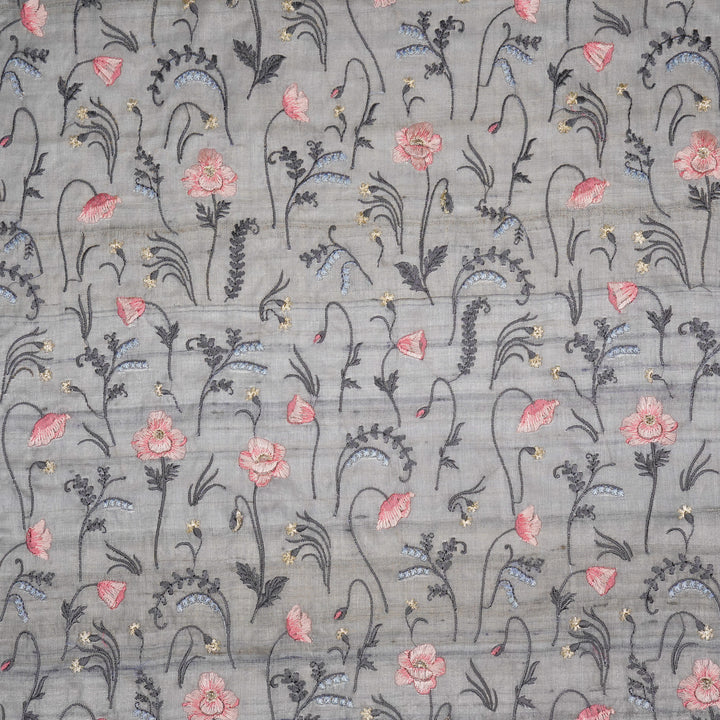 Diva Jaal on Steel Grey Tussar Silk Embroidered Fabric