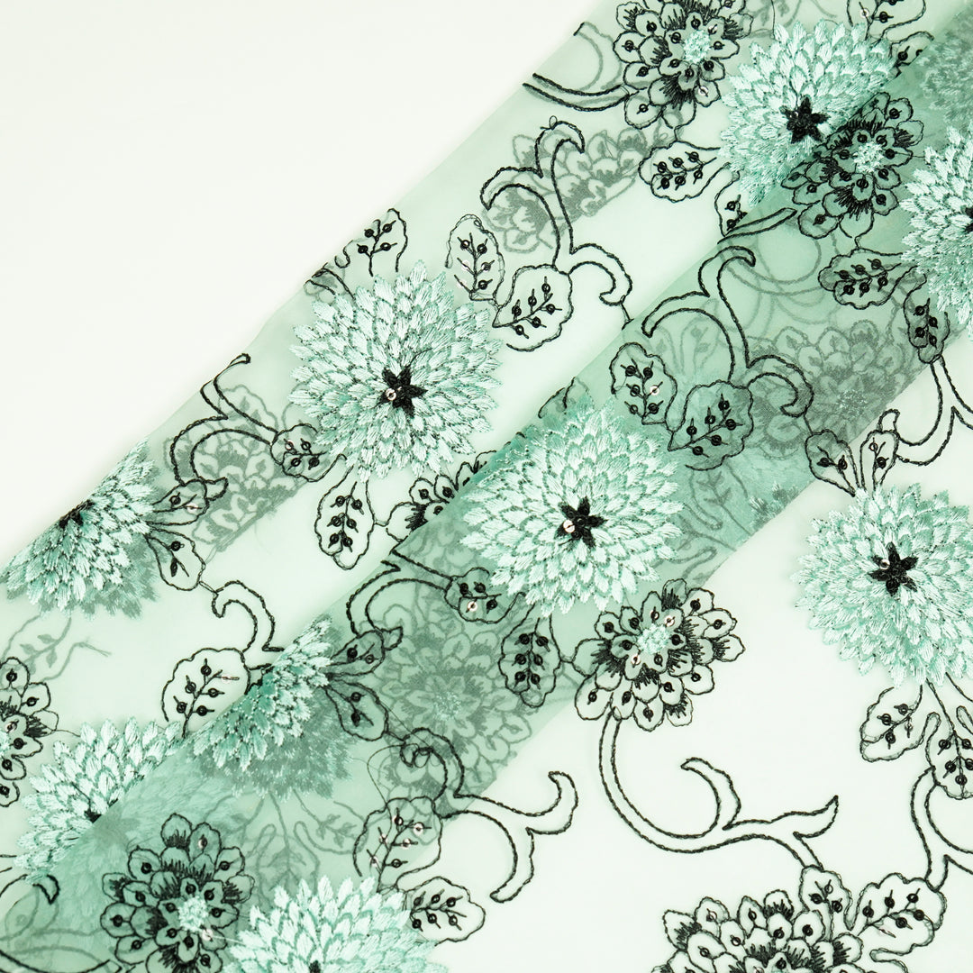 Charvi Jaal on Mint Green Silk Organza Embroidered Fabric