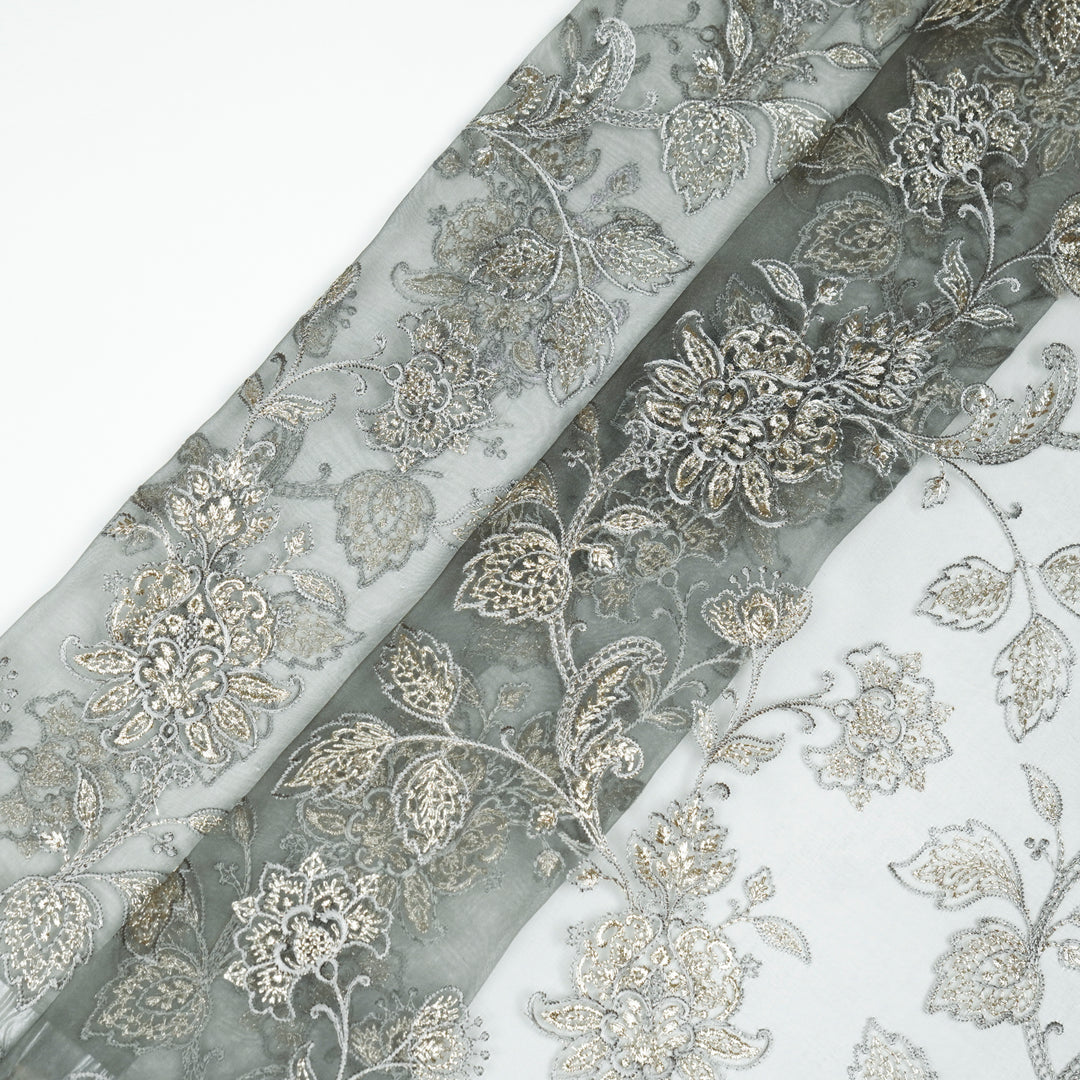 Aanwika Jaal on Charcoal Grey Silk Organza Embroidered Fabric