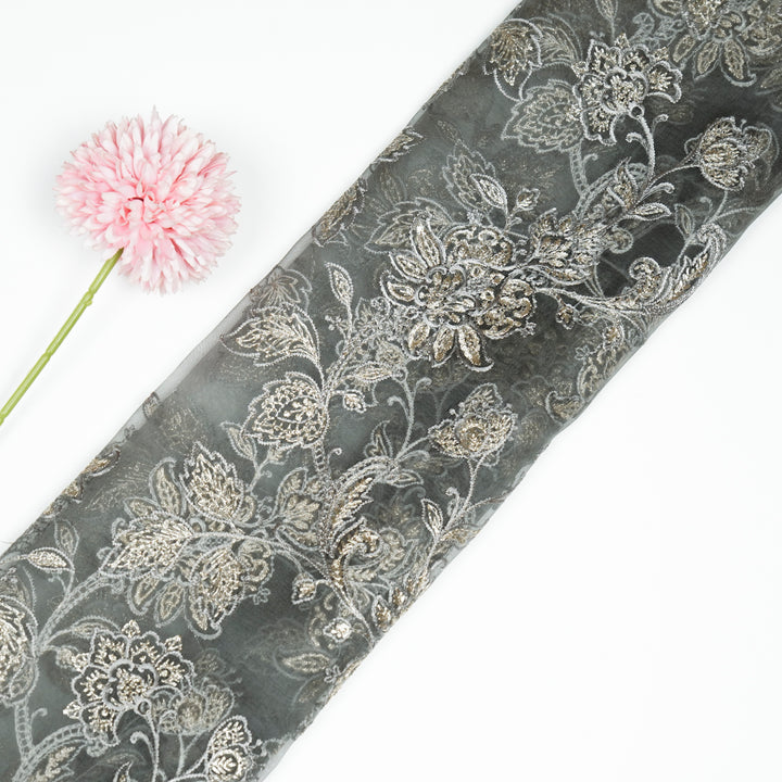 Aanwika Jaal on Charcoal Grey Silk Organza Embroidered Fabric