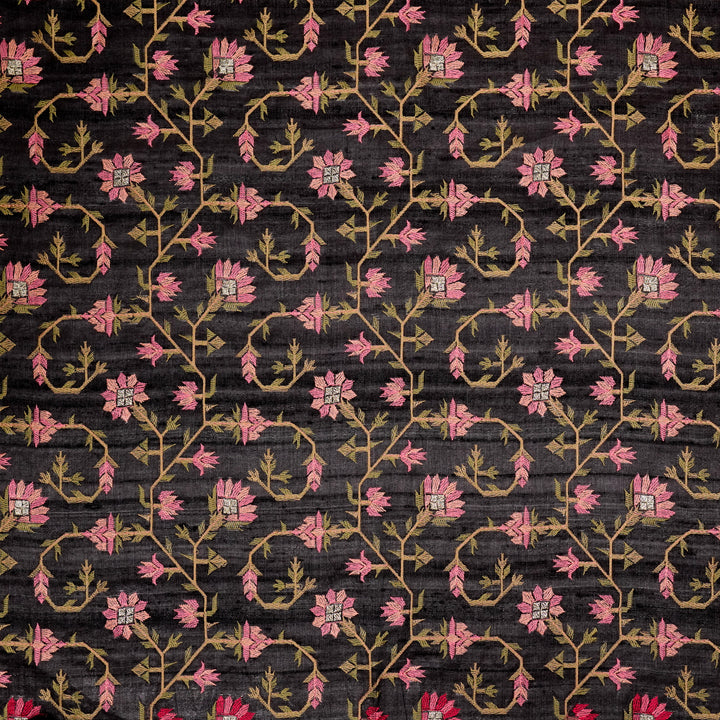 Haina Jaal On Black Tussar Silk Embroidered Fabric