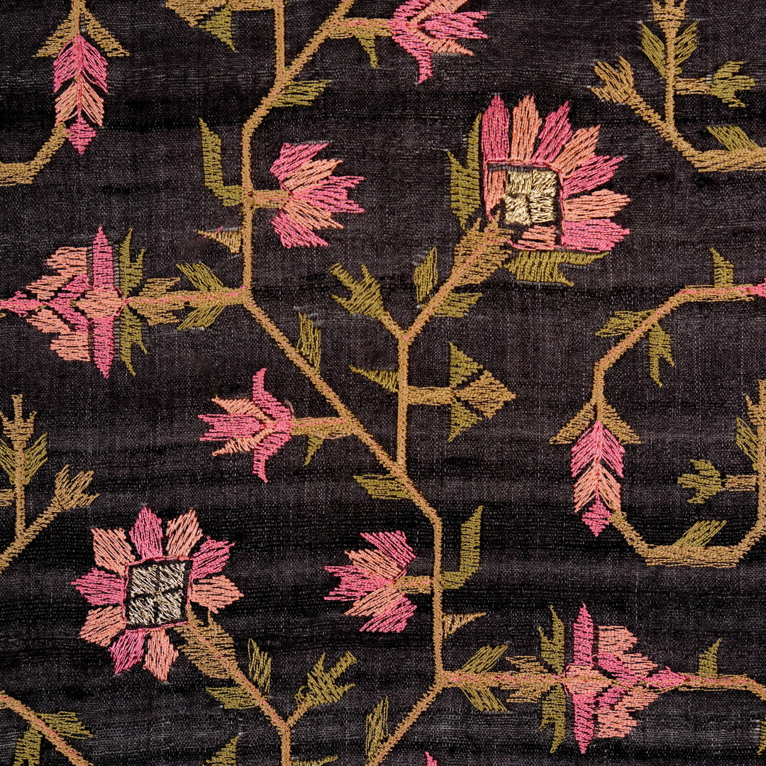 Haina Jaal On Black Tussar Silk Embroidered Fabric