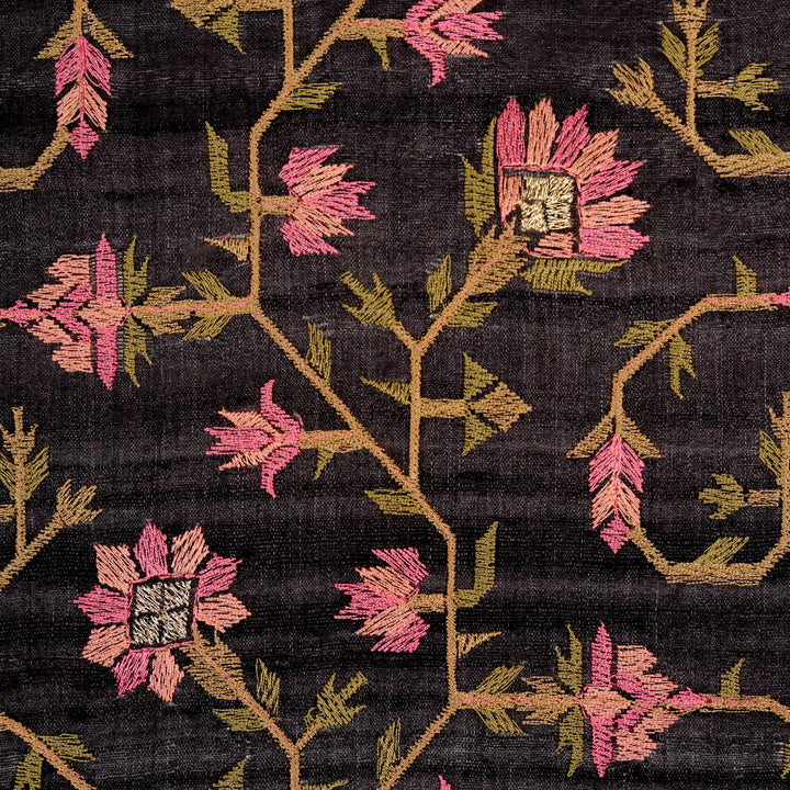 Haina Jaal On Black Tussar Silk Embroidered Fabric