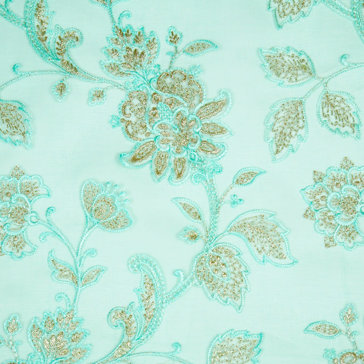 Aanwika Jaal on Mint Green Silk Organza Embroidered Fabric