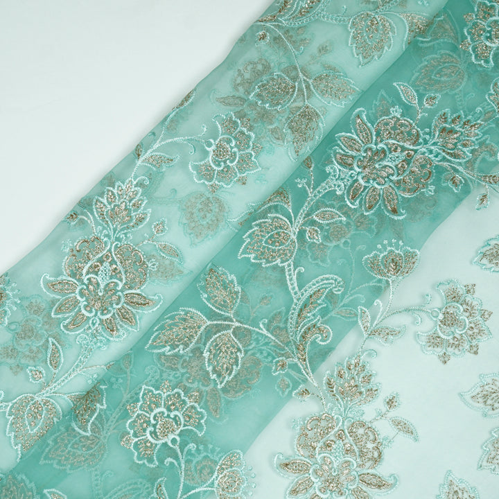 Aanwika Jaal on Mint Green Silk Organza Embroidered Fabric