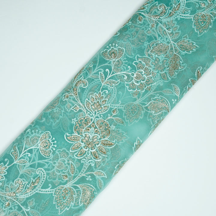 Aanwika Jaal on Mint Green Silk Organza Embroidered Fabric