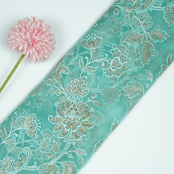 Aanwika Jaal on Mint Green Silk Organza Embroidered Fabric