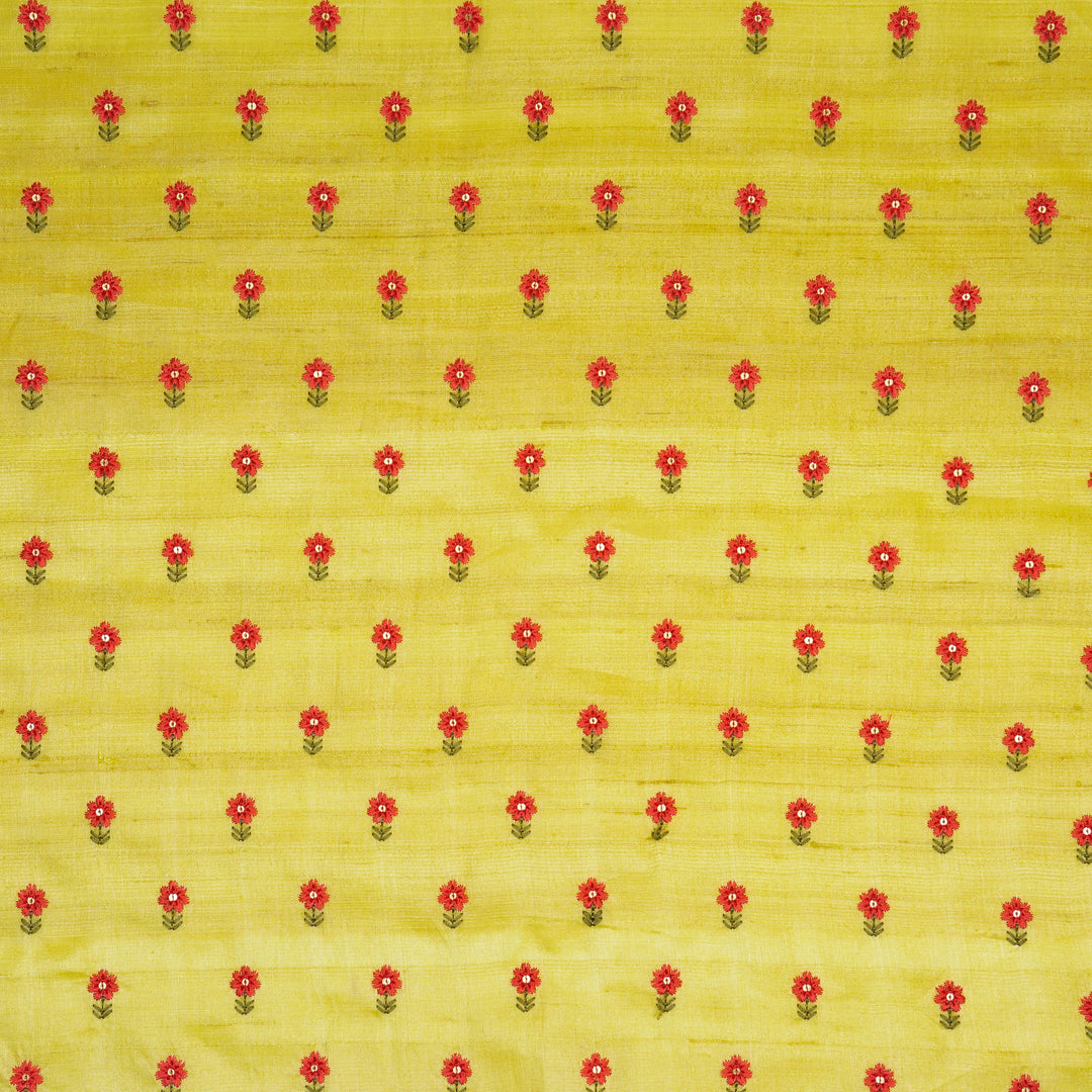 Nurvi Buti On Lemon Tussar Silk Embroidered Fabric