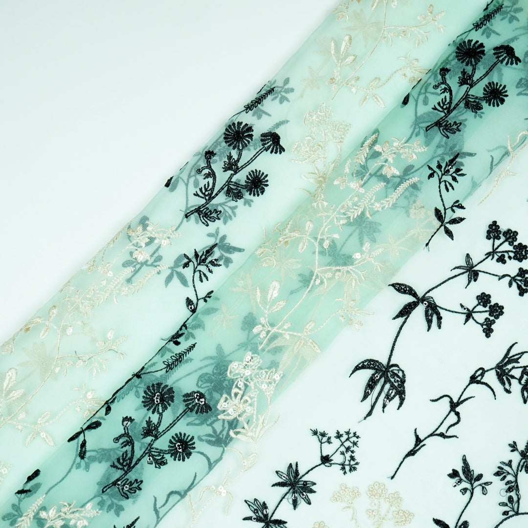 Trisha Jaal on Mint Green Silk Organza Embroidered Fabric