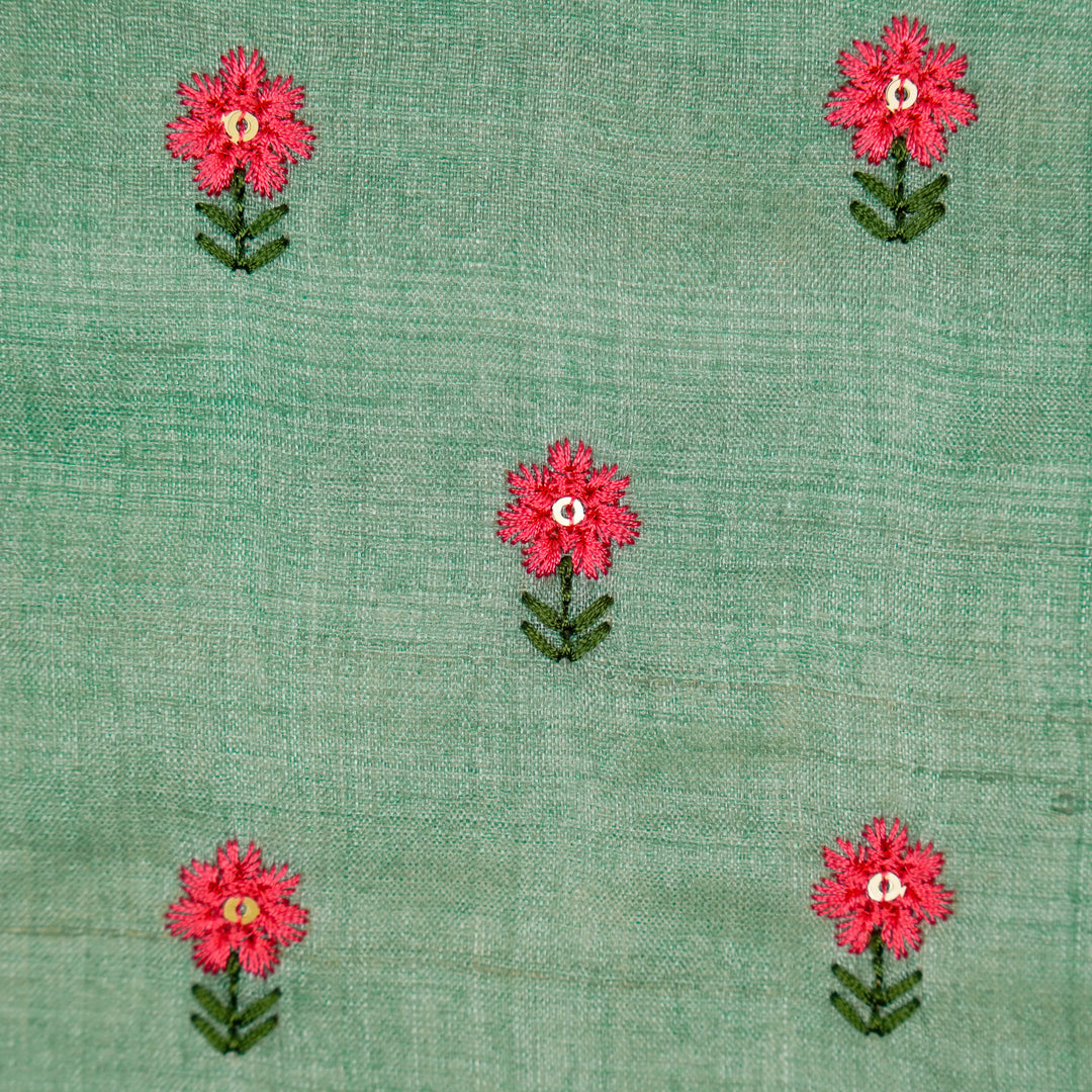 Nurvi Buti On Teal Tussar Silk Embroidered Fabric