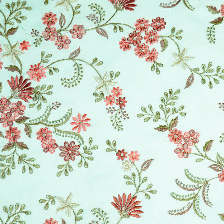 Light Teal Silk Organza Yuvasri Jaal Embroidered Fabric
