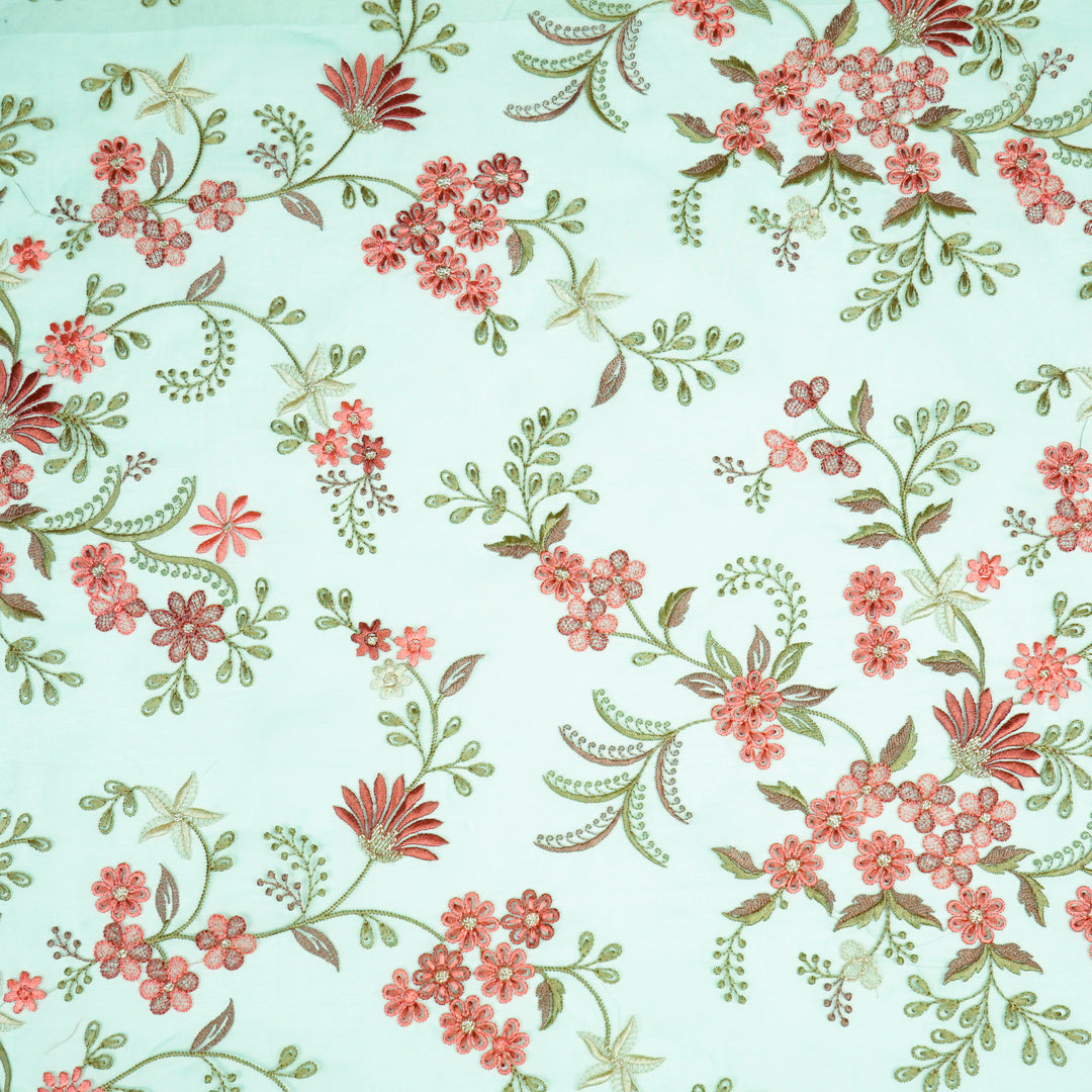 Light Teal Silk Organza Yuvasri Jaal Embroidered Fabric
