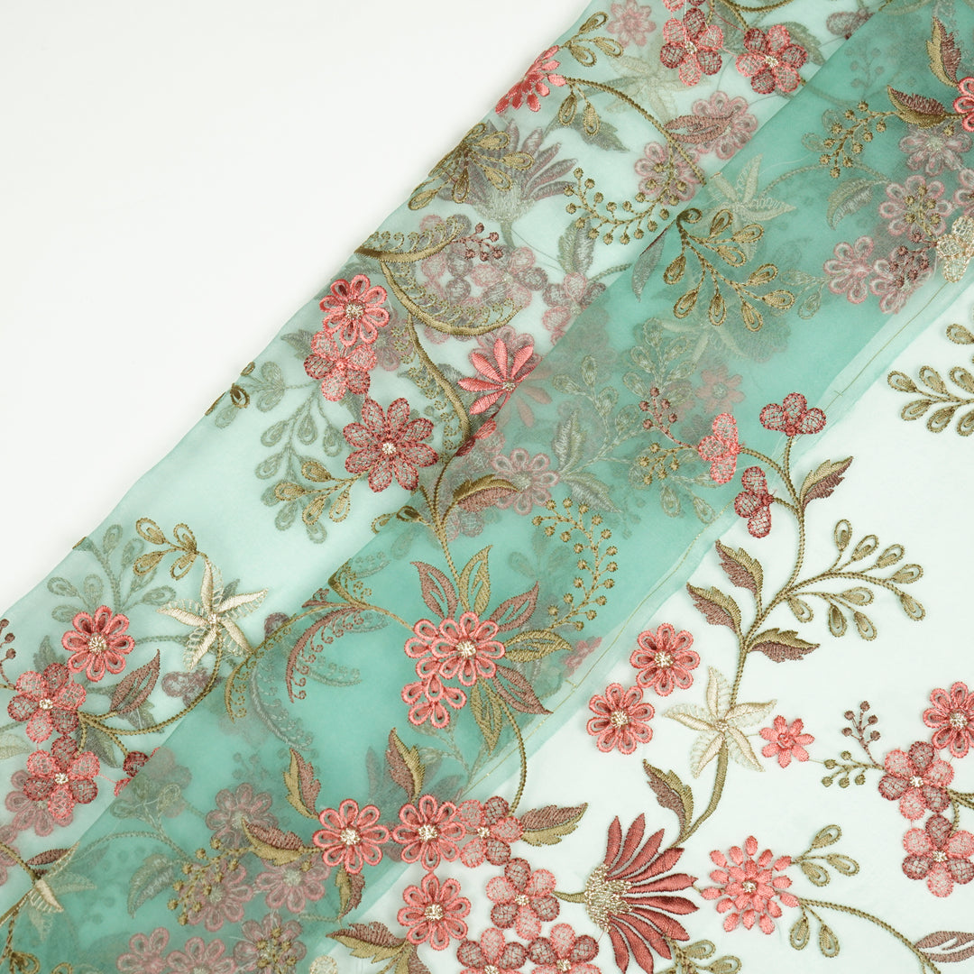 Light Teal Silk Organza Yuvasri Jaal Embroidered Fabric
