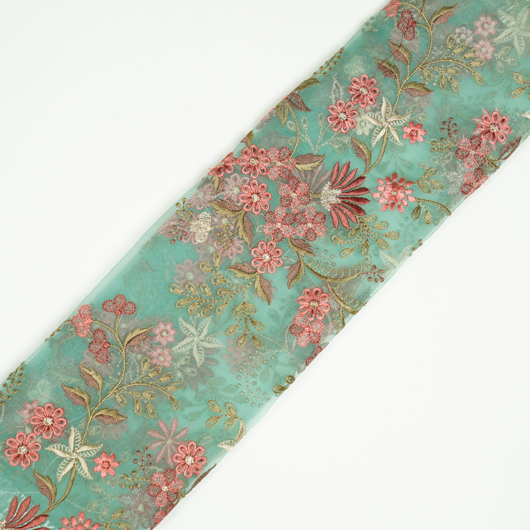 Light Teal Silk Organza Yuvasri Jaal Embroidered Fabric
