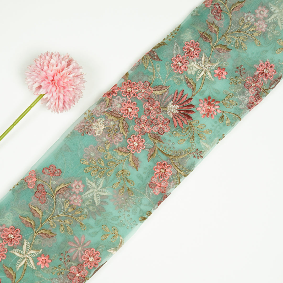 Light Teal Silk Organza Yuvasri Jaal Embroidered Fabric