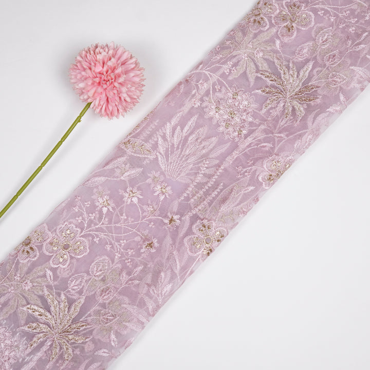 Aaloka Jaal on Lavender Silk Organza Embroidered Fabric