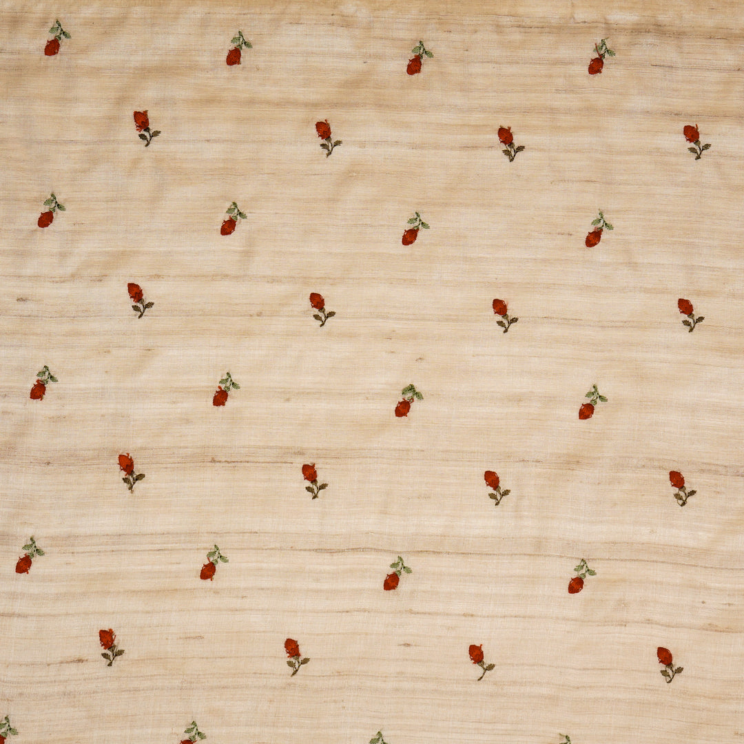 Kuhu Tiny Buti on Natural/Red Tussar Silk Embroidered Fabric