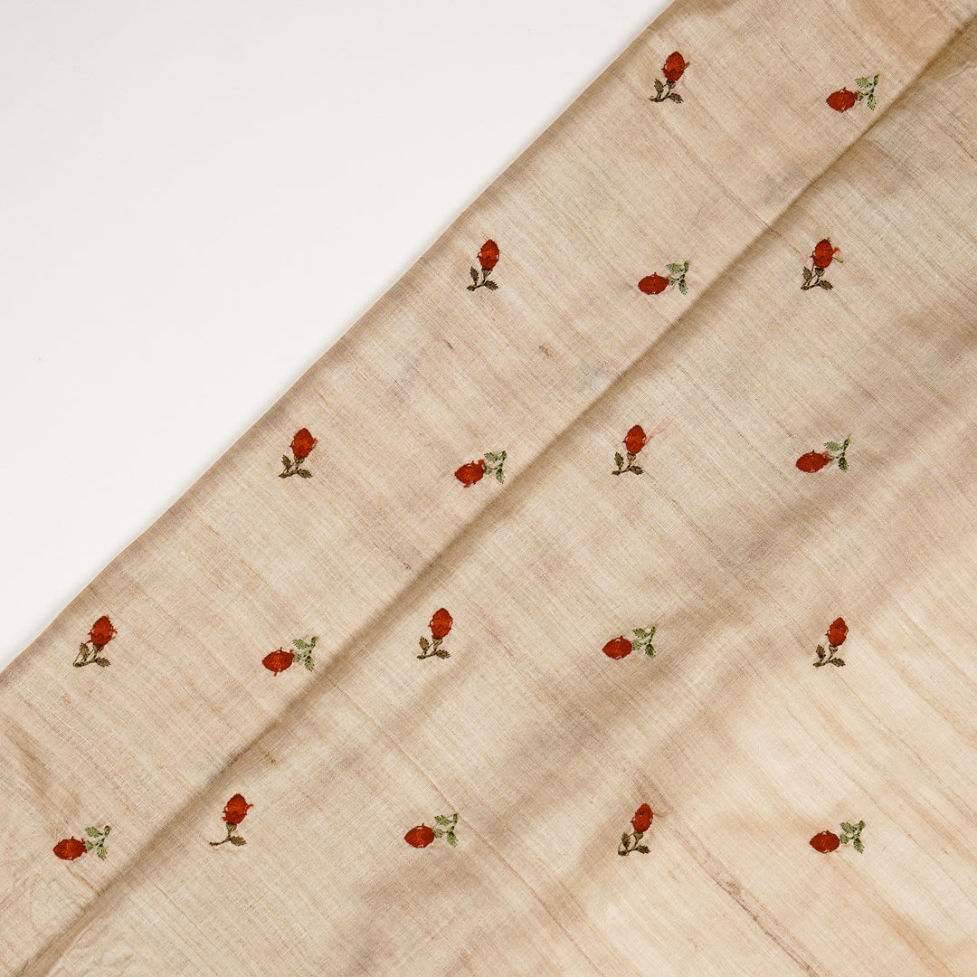 Kuhu Tiny Buti on Natural/Red Tussar Silk Embroidered Fabric