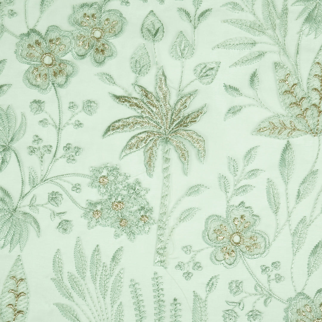 Aaloka Jaal on Light Teal Silk Organza Embroidered Fabric