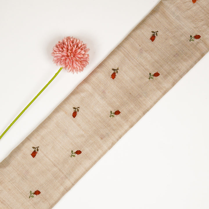 Kuhu Tiny Buti on Natural/Red Tussar Silk Embroidered Fabric