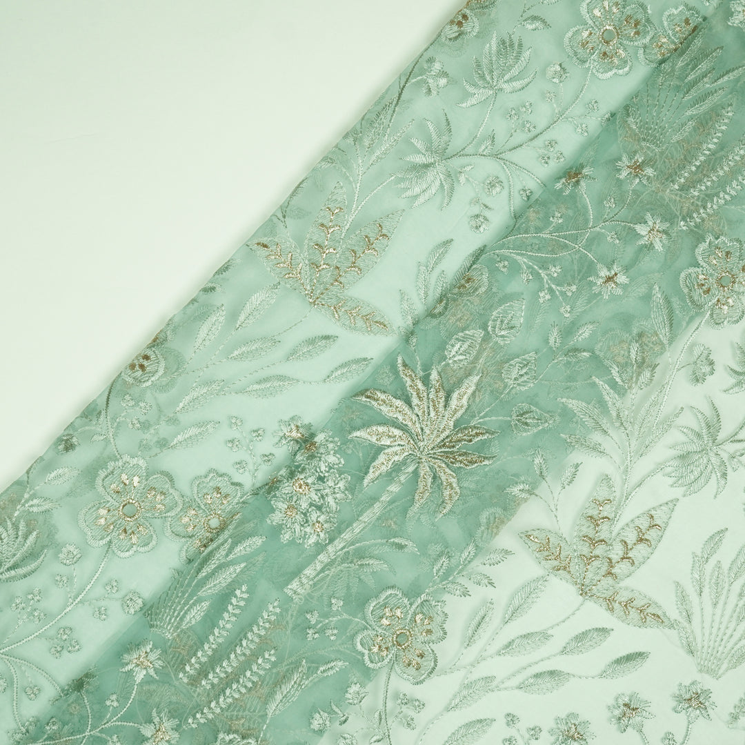 Aaloka Jaal on Light Teal Silk Organza Embroidered Fabric