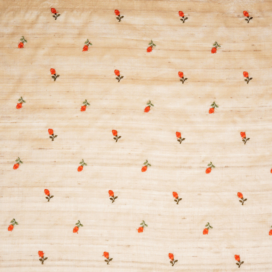 Kuhu Tiny Buti on Natural/Orange Tussar Silk Embroidered Fabric