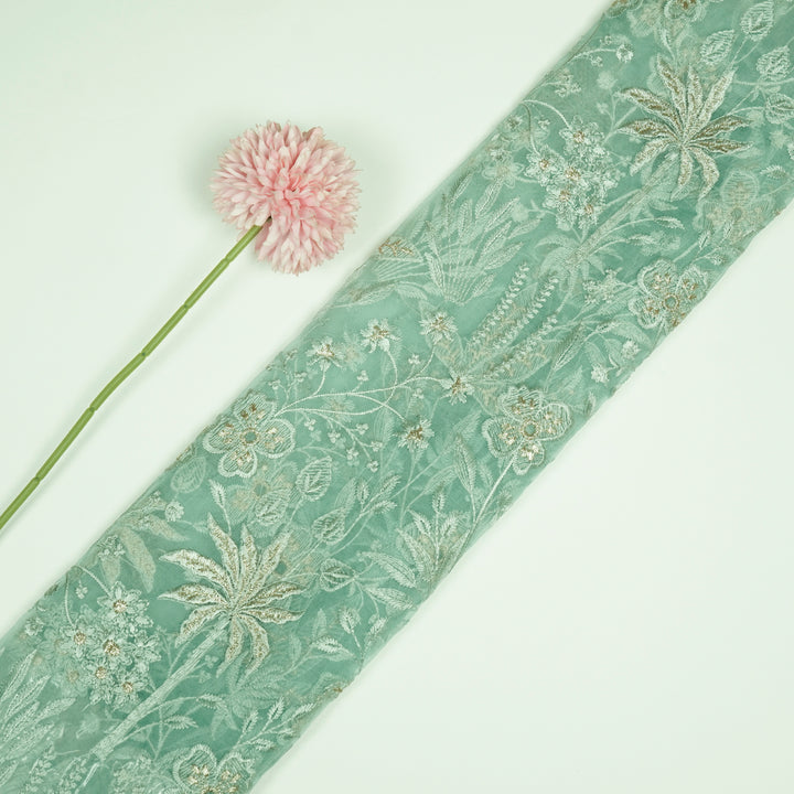 Aaloka Jaal on Light Teal Silk Organza Embroidered Fabric