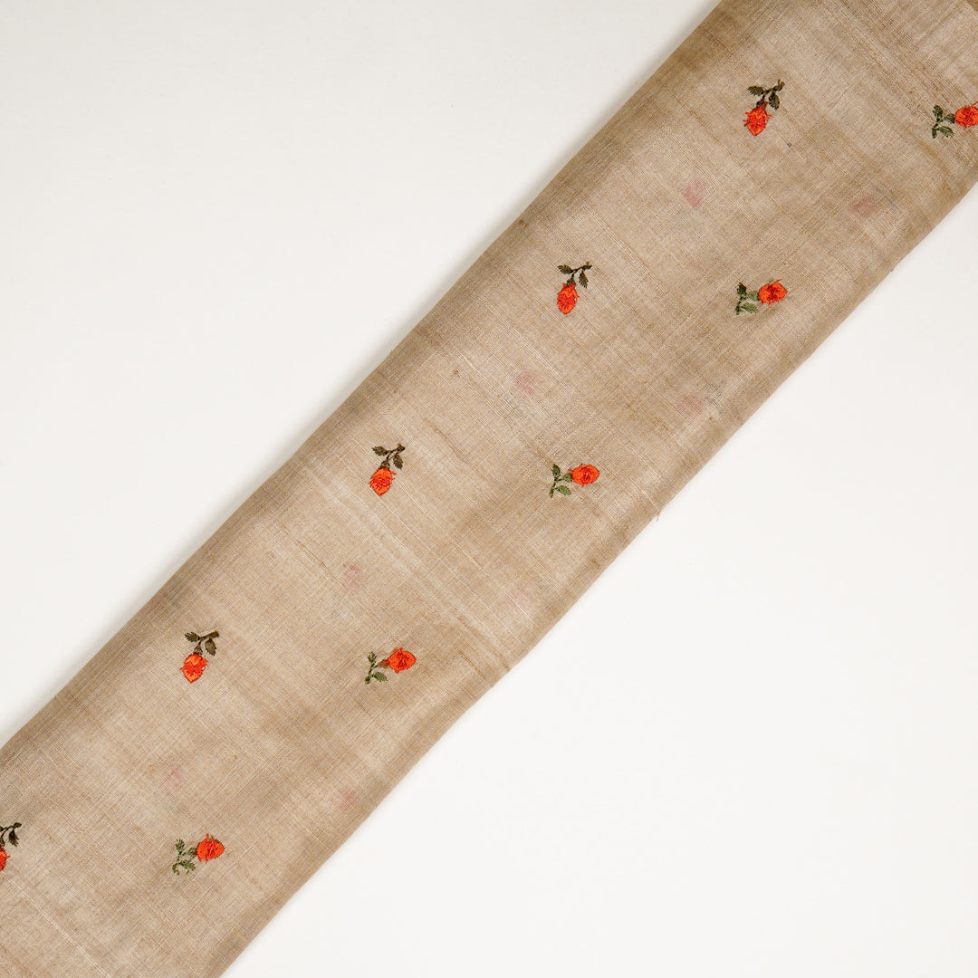 Kuhu Tiny Buti on Natural/Orange Tussar Silk Embroidered Fabric