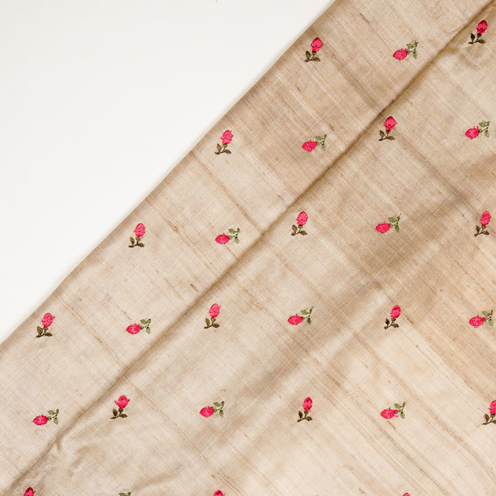 Kuhu Tiny Buti on Natural/Fuxia Tussar Silk Embroidered Fabric