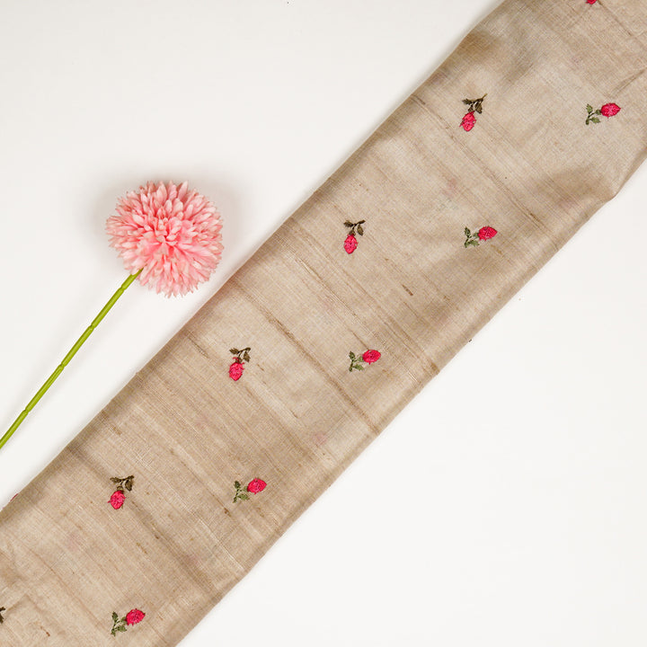 Kuhu Tiny Buti on Natural/Fuxia Tussar Silk Embroidered Fabric