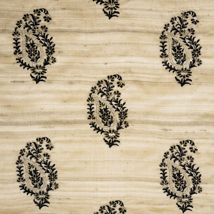 Tanmayi Buta on Natural/Black Tussar Silk Embroidered Fabric