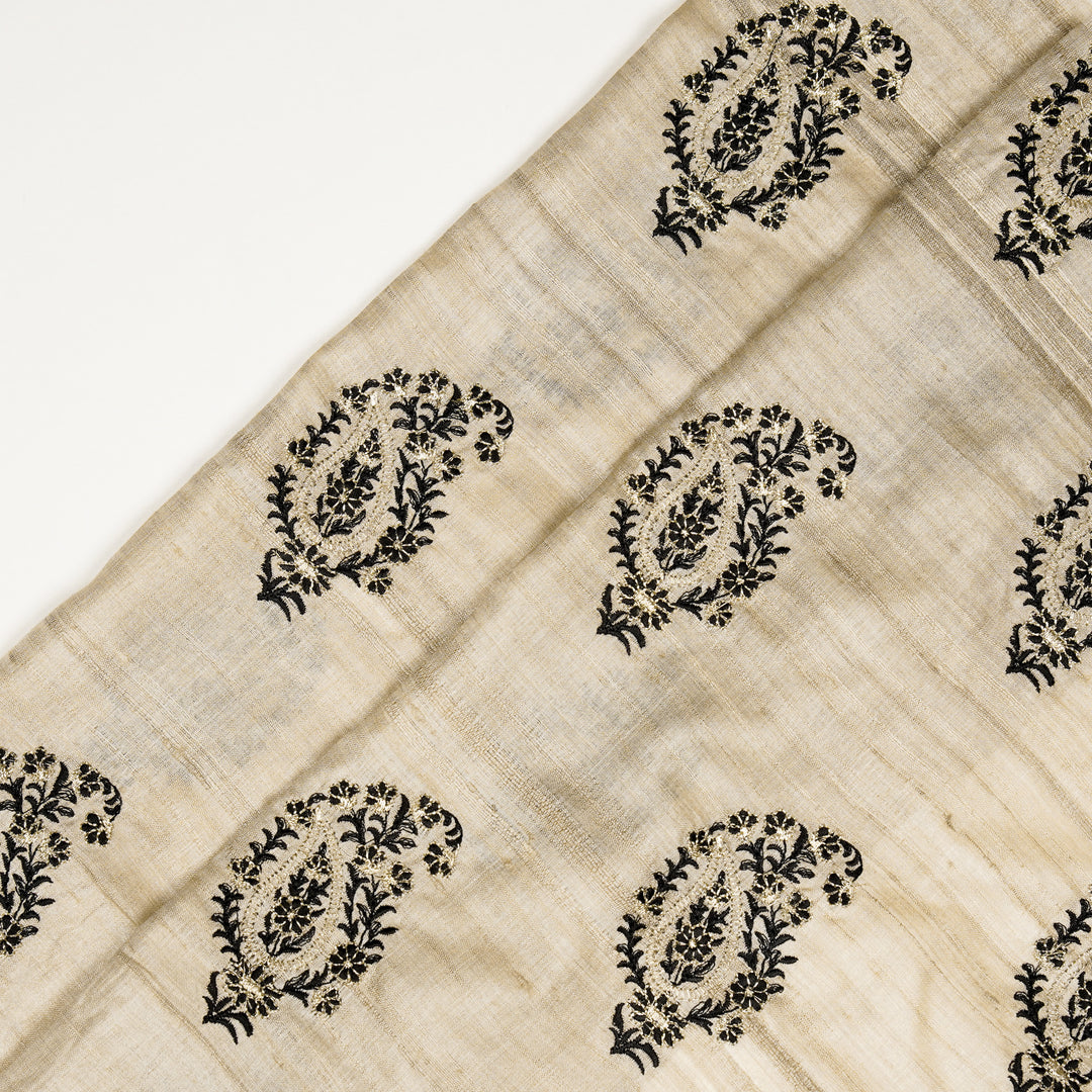 Tanmayi Buta on Natural/Black Tussar Silk Embroidered Fabric