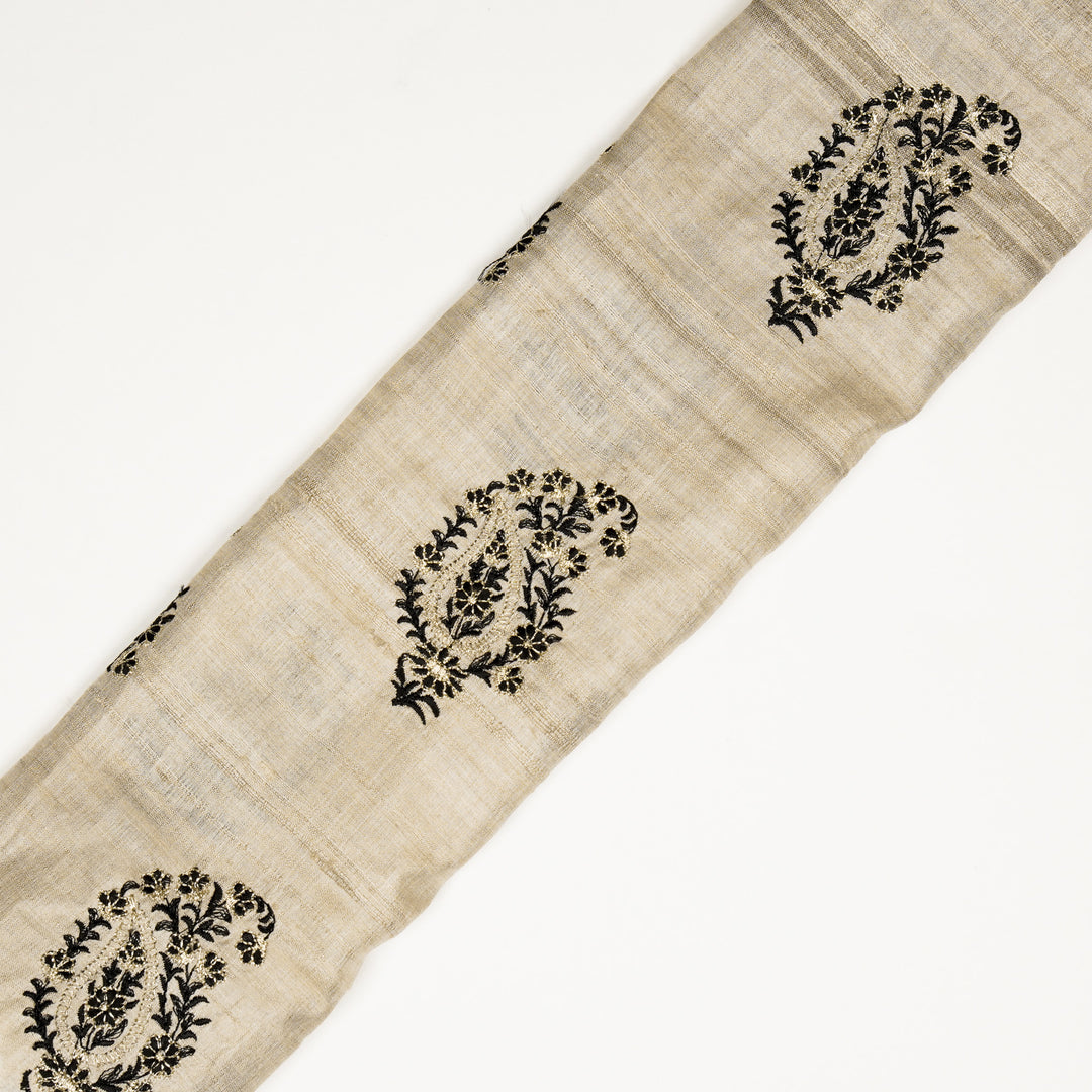 Tanmayi Buta on Natural/Black Tussar Silk Embroidered Fabric