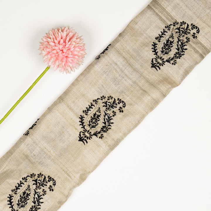 Tanmayi Buta on Natural/Black Tussar Silk Embroidered Fabric